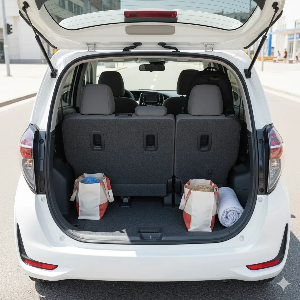 シエンタの7人乗りモデルで3列目シートを使用した状態の荷室。リアゲートとの隙間がほとんどなく荷物が積めない様子。