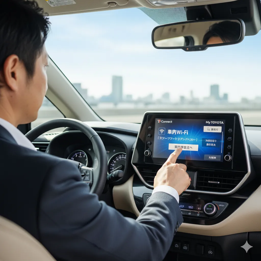 シエンタの運転席に座る男性が、ディスプレイオーディオの画面を操作して、車内Wi-Fiの契約手続きを進めている。