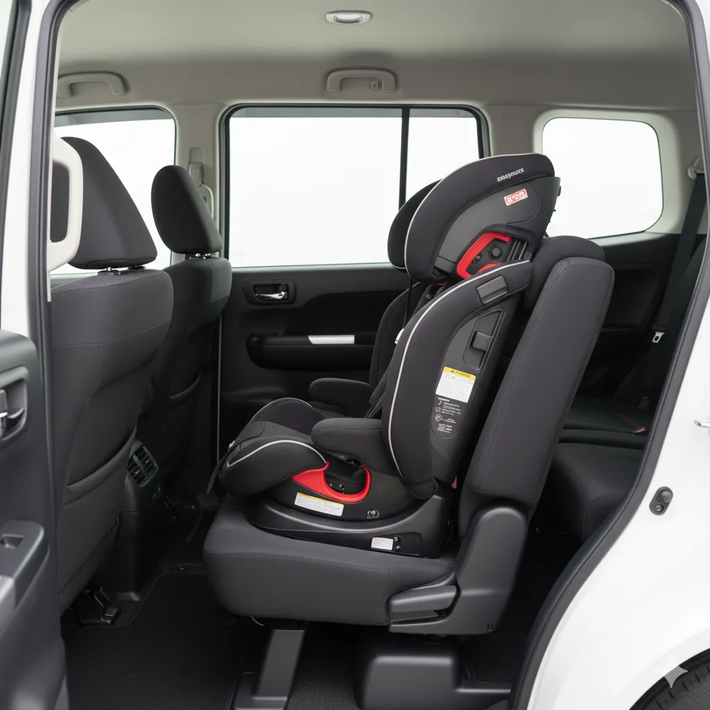 シエンタの2列目にチャイルドシートを設置したため、シートを折りたためず3列目への乗り降りができなくなっている状況。