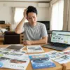 自宅のリビングで、カーリースのパンフレットやノートパソコンの画面を見ながら、情報が多くて困惑している様子の日本人男性。