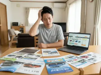 自宅のリビングで、カーリースのパンフレットやノートパソコンの画面を見ながら、情報が多くて困惑している様子の日本人男性。