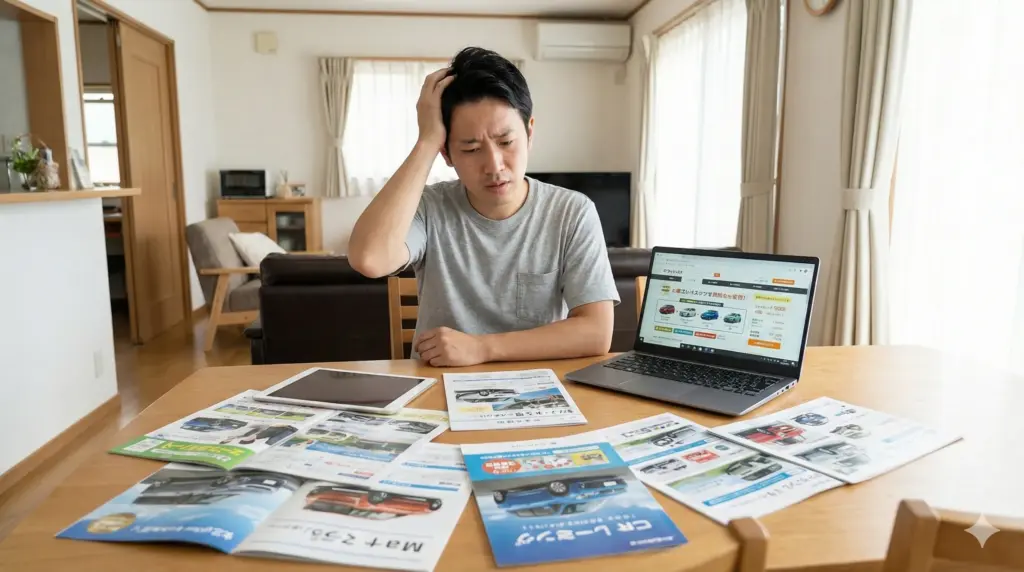 自宅のリビングで、カーリースのパンフレットやノートパソコンの画面を見ながら、情報が多くて困惑している様子の日本人男性。