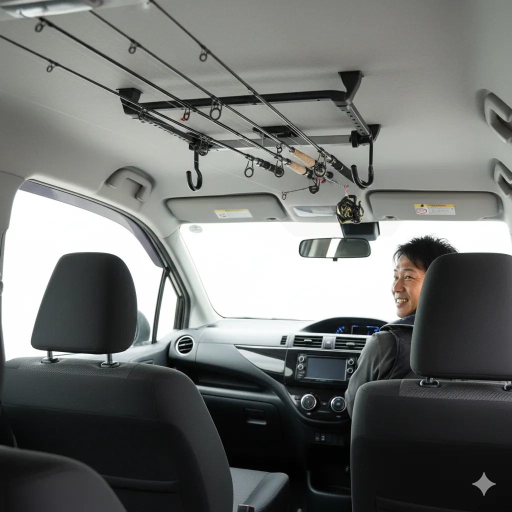 シエンタの車内天井にしっかりと取り付けられたロッドホルダーに、複数の釣り竿が安全に収納されている様子。ロッドホルダーは釣りの種類に合わせて様々なロッドに対応している。