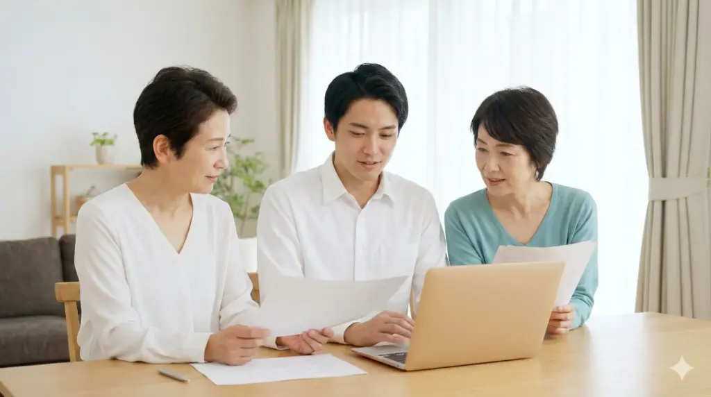 カーリースの契約について、書類を見ながら家族で協力して相談している日本人の親子