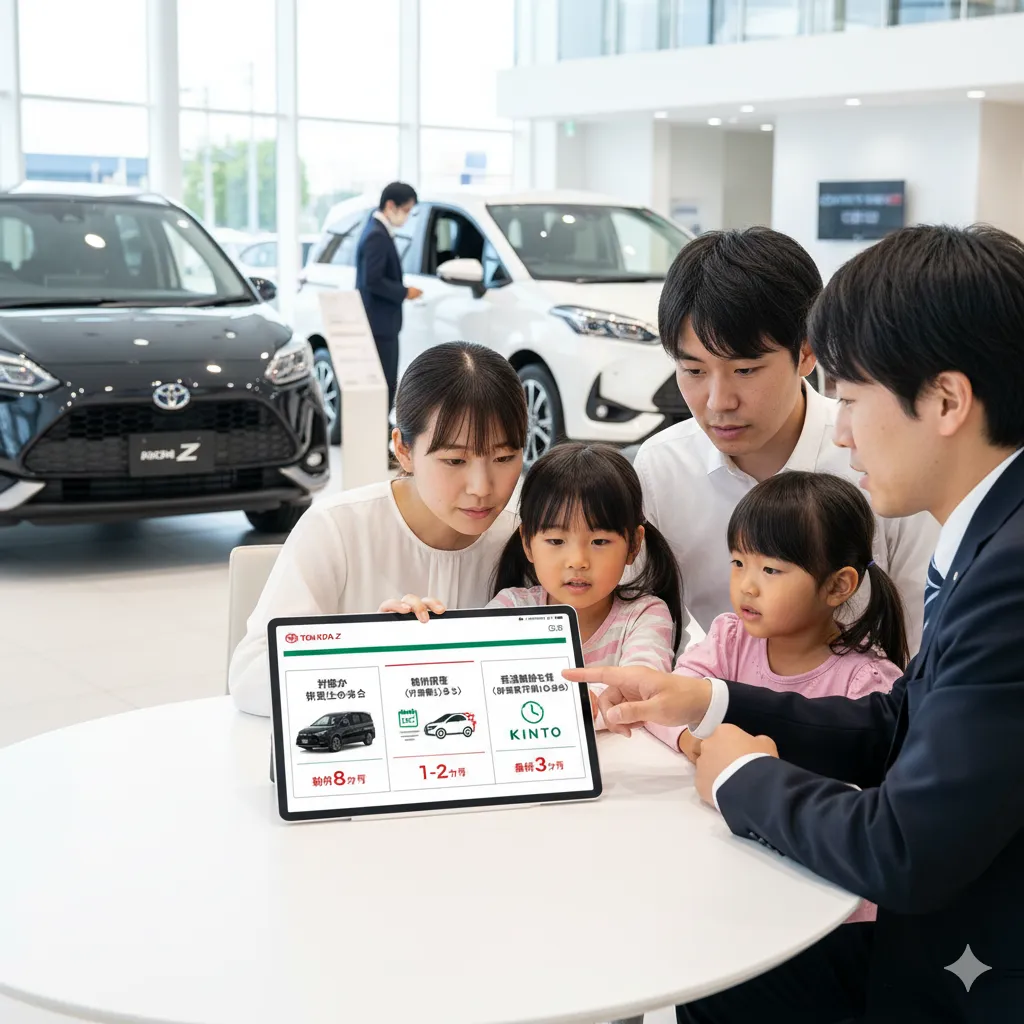 ディーラーのテーブルで、営業担当者がKINTOの納期メリットを家族にタブレットで説明している様子
