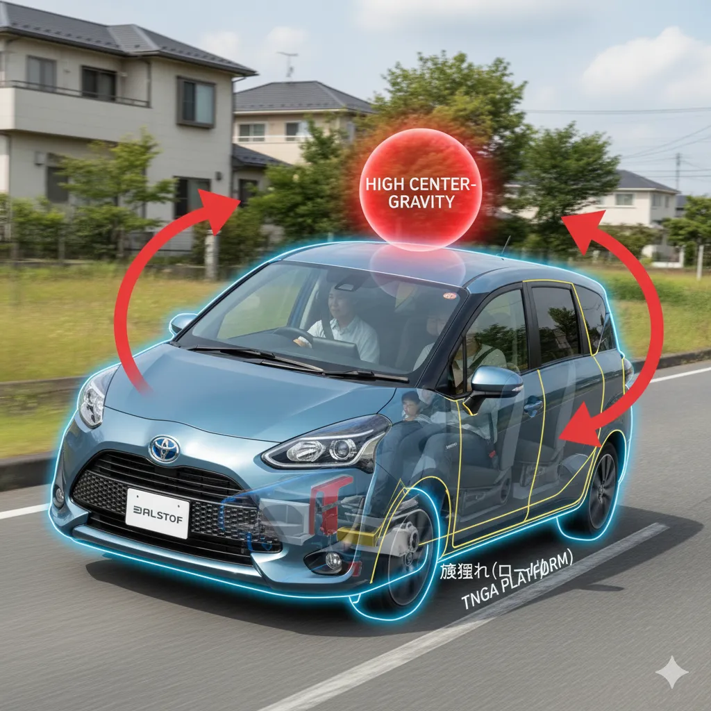 シエンタの走行中の横揺れ（ロール）と高い重心位置を示す透過図。車内の乗員は不快そうな表情をしている。