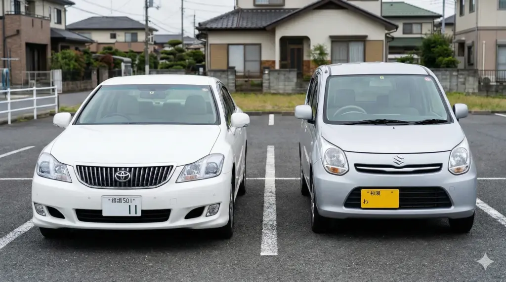 日本の駐車場に並んで駐車されている、一般ナンバーの白いセダン（左）と、「わ」ナンバーの銀色の軽自動車（右）の比較写真。