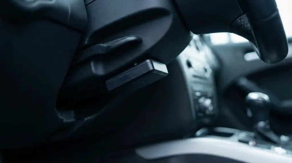 自社審査カーリースで車両に取り付けられる遠隔制御用GPSデバイスのクローズアップ