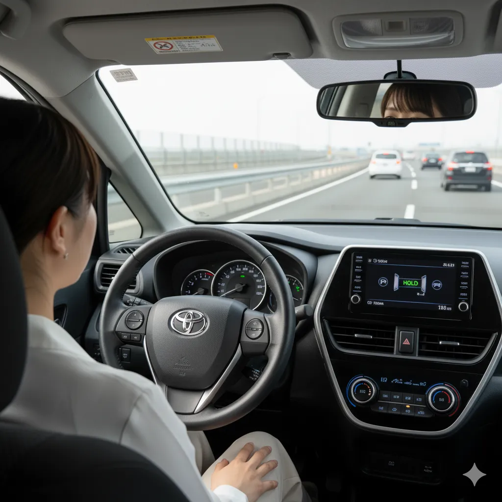 渋滞中に停止保持機能が作動し、先行車の後ろで停車しているシエンタ。日本人女性ドライバーはアクセルペダルから足を離し、リラックスしている。