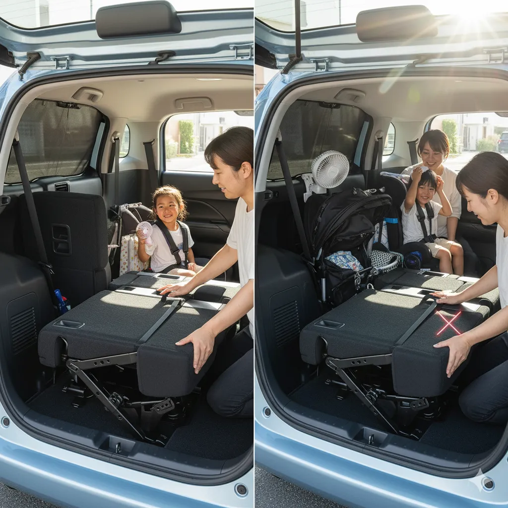 新旧シエンタの3列目シート格納方法の比較。左は旧型でシートを床下に格納、右は新型でシートを背面に立てかけている様子。