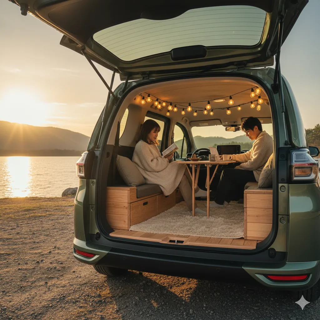 夕暮れ時、湖畔に停めた車の後部座席で、若い日本人カップルがくつろいでいる。女性は本を読み、男性はラップトップを操作しており、車内はストリングライトで飾られ、居心地の良い雰囲気を醸し出している。