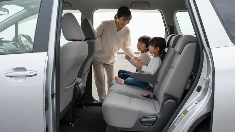 シエンタの2列目シートをタンブルさせ、3列目へのウォークインスペースを確保した状態の車内。