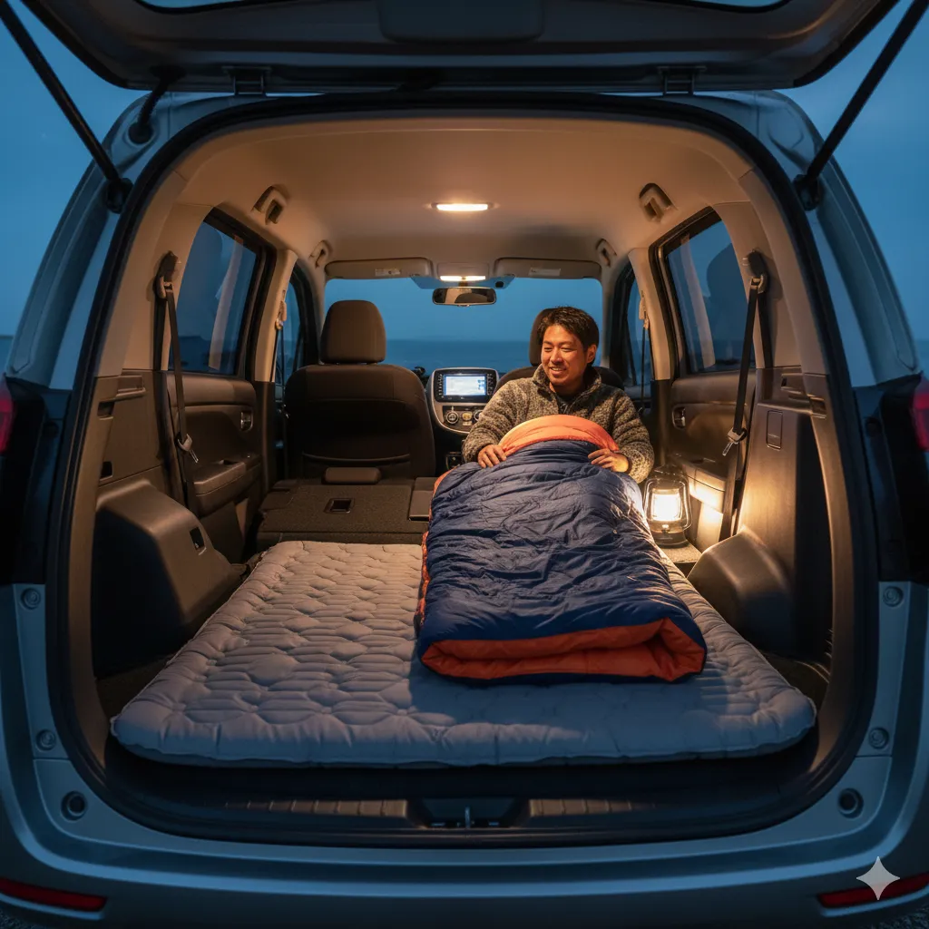 シエンタの5人乗りモデルで、セカンドシートを倒してフルフラットにした広々とした荷室。大人でも足を伸ばして寝られるように、快適な車中泊用マットが敷かれている。