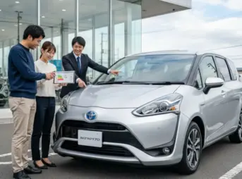 自動車販売店の前で、シエンタNSP170の購入を検討している日本人夫婦と営業担当者が、タブレットを囲んで燃費やリコールの情報を真剣に話し合っている様子。