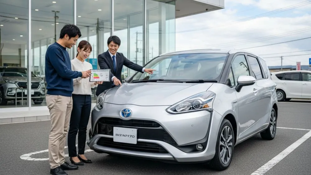 自動車販売店の前で、シエンタNSP170の購入を検討している日本人夫婦と営業担当者が、タブレットを囲んで燃費やリコールの情報を真剣に話し合っている様子。