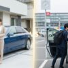 自宅の駐車場で新車の鍵を持つ夫婦と、空港でレンタカーに乗り込むビジネスマン。カーリースとレンタカーの違いを比較するイメージ。