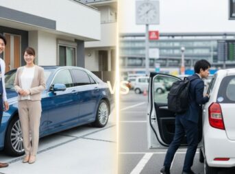 自宅の駐車場で新車の鍵を持つ夫婦と、空港でレンタカーに乗り込むビジネスマン。カーリースとレンタカーの違いを比較するイメージ。