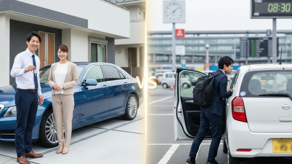 自宅の駐車場で新車の鍵を持つ夫婦と、空港でレンタカーに乗り込むビジネスマン。カーリースとレンタカーの違いを比較するイメージ。
