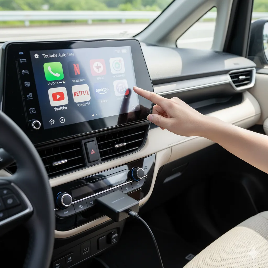 シエンタのディスプレイオーディオに「スマートコネクト」のような外部アダプタが接続され、画面にYouTubeやNetflixなどの動画アプリが表示されており、指で操作しようとしている様子。