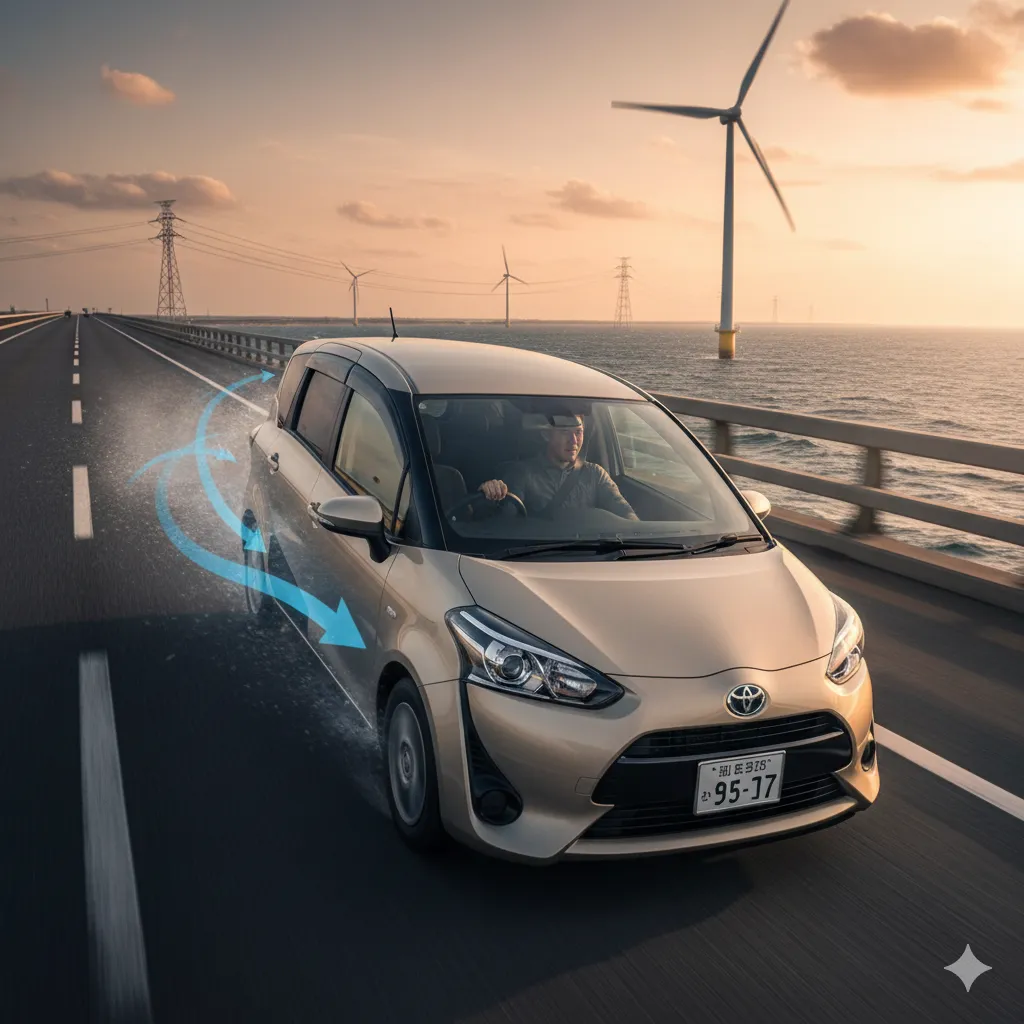 強い横風を受けながら海上橋を走行するシエンタ。車体が左右に揺れる様子と、運転席の日本人男性がハンドルを修正している様子が描かれている。