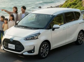 家族で海岸線をドライブし、海を指さして楽しそうにしている日本人家族と、その手前に停められた白いトヨタ・シエンタの全景。