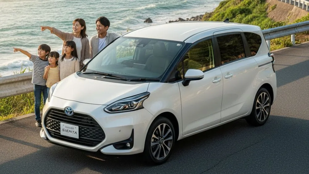 家族で海岸線をドライブし、海を指さして楽しそうにしている日本人家族と、その手前に停められた白いトヨタ・シエンタの全景。