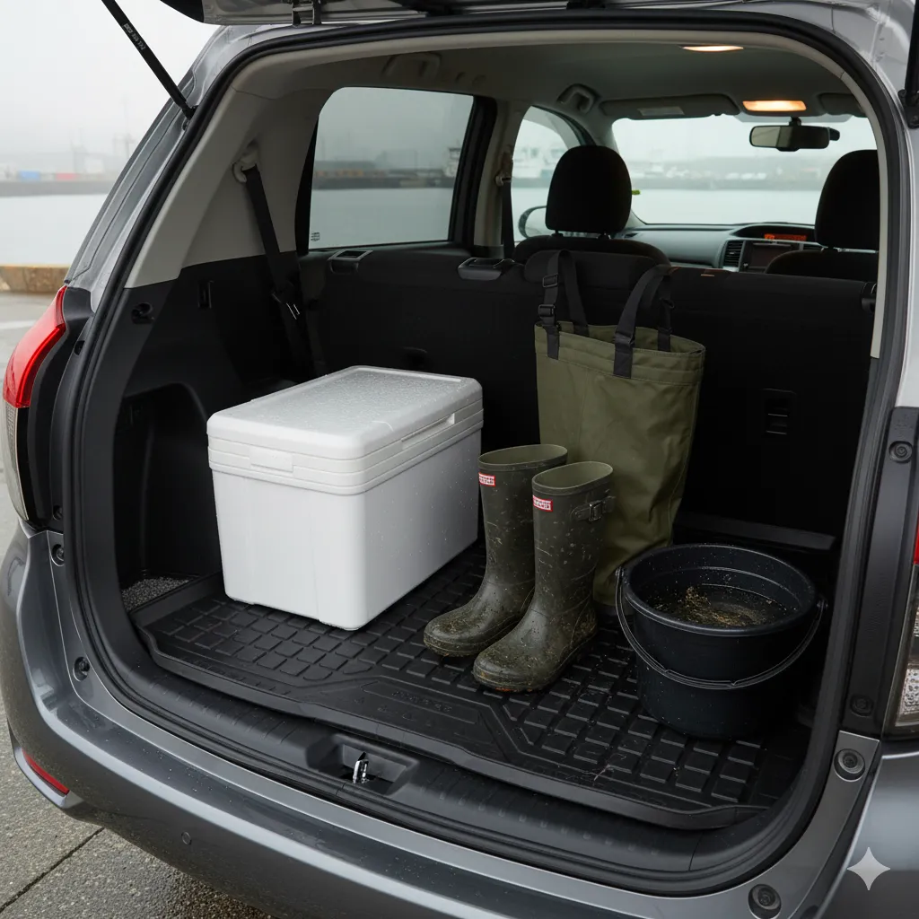 シエンタの荷室に敷かれた防水ラバーマット。泥だらけの長靴や濡れたウェーダー、水滴のついたクーラーボックスが置かれており、マットが車内を汚れから守っている様子。