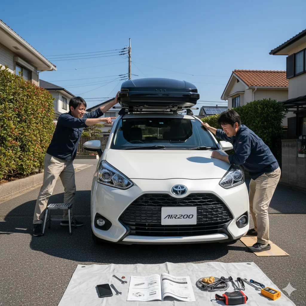 晴れた日の自宅駐車場で、白いシエンタのルーフキャリアにルーフテントを2人の日本人男性が協力して慎重に取り付けている様子。