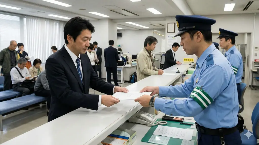 日本の警察署の窓口で、スーツを着た男性が警察官に書類を提出し、車庫証明の手続きを行っている様子。