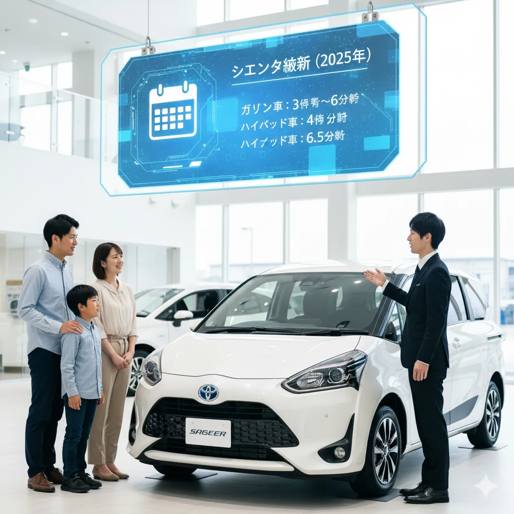 ディーラーでトヨタ シエンタの最新納期について説明を受ける家族。ディスプレイには「ガソリン車：3〜6ヶ月、ハイブリッド車：4〜6.5ヶ月」と表示されている。