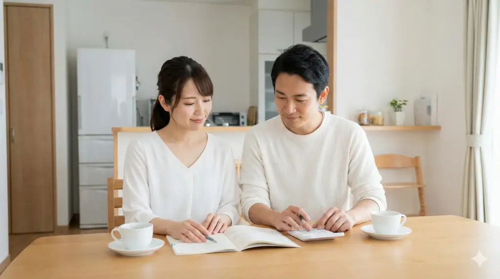 自宅のダイニングテーブルで、家計簿と電卓を使いながら落ち着いた様子で家計の管理をしている30代の日本人夫婦。