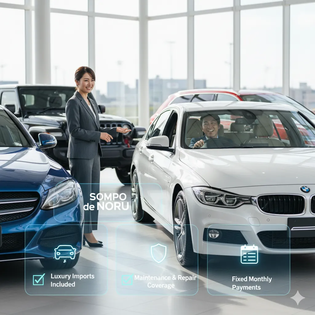 自動車ショールームで、SOMPOで乗ーるのサービスを利用して輸入車を選び、試乗している日本人男性と、それをサポートする女性スタッフ。ラグジュアリー輸入車、メンテナンス・修理保証、固定月額払いのアイコンが表示されている。