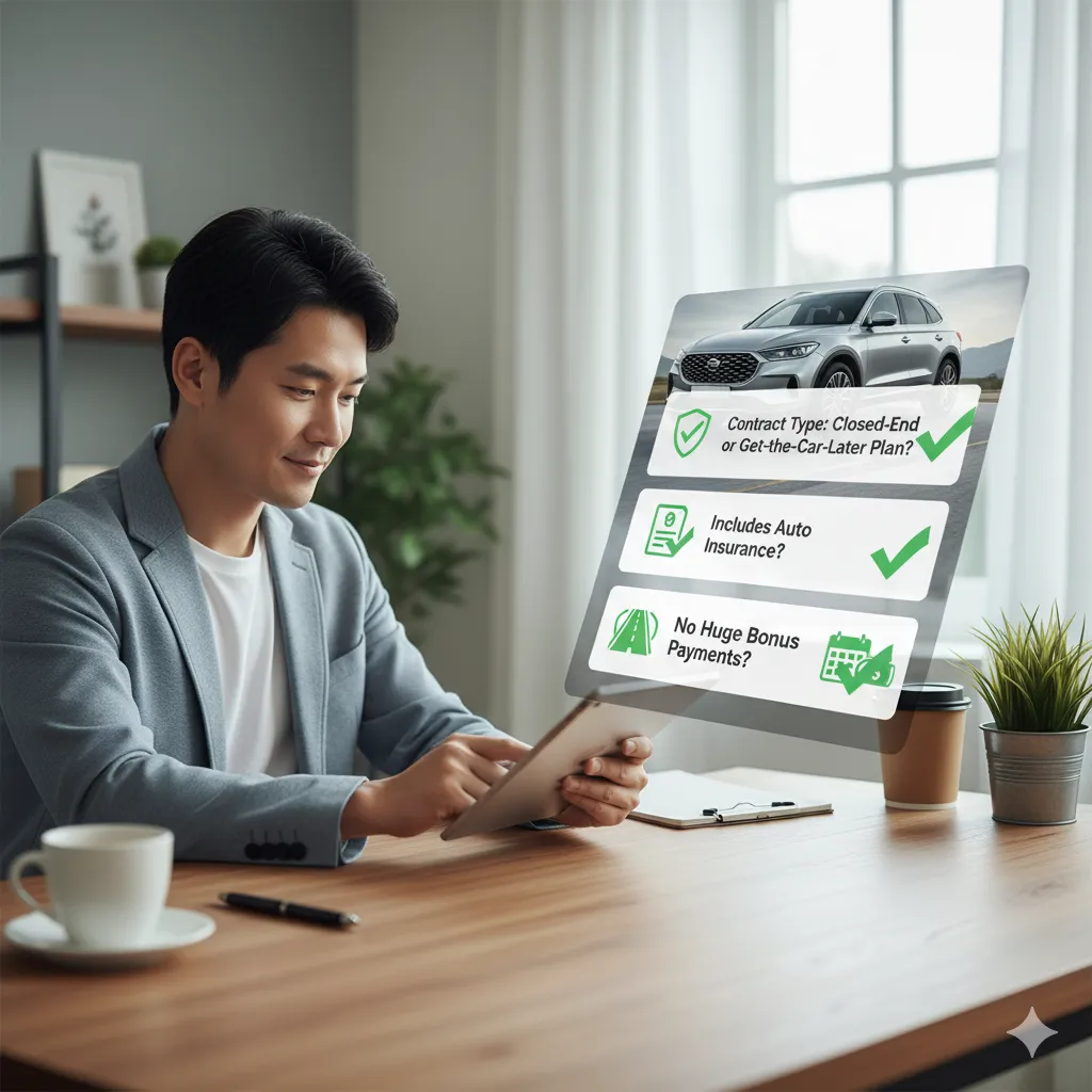 自宅でタブレットを見ながらカーリースの最終チェックリストを確認するアジア人男性。画面には、クローズドエンド方式か、任意保険が含まれているか、ボーナス払いが過大でないかなどのチェック項目が、車のイメージと共にホログラムのように表示されている。