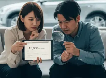 困惑した表情のアジア人カップルがタブレットに表示されたカーリースのシミュレーション結果を虫眼鏡で詳細に確認している。手元には多くの書類や電卓が散らばっており、その背景には展示されている新車の姿が見える。