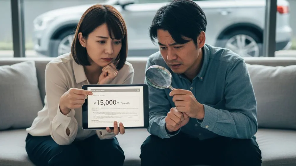 困惑した表情のアジア人カップルがタブレットに表示されたカーリースのシミュレーション結果を虫眼鏡で詳細に確認している。手元には多くの書類や電卓が散らばっており、その背景には展示されている新車の姿が見える。