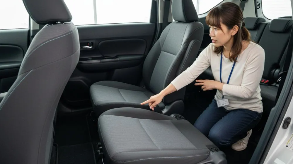 新型シエンタの3列目シート収納準備として、2列目シートを前方に跳ね上げ（タンブル）させ、スペースを確保した状態。