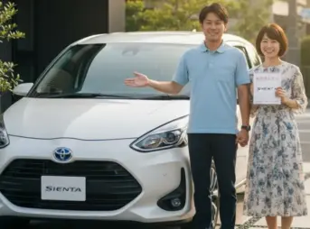 自宅のガレージで真新しい白いトヨタ・シエンタの隣に立ち、笑顔で車を指し示す日本人夫婦。妻は「5.9ヶ月待ち」と書かれたボードを持っている。