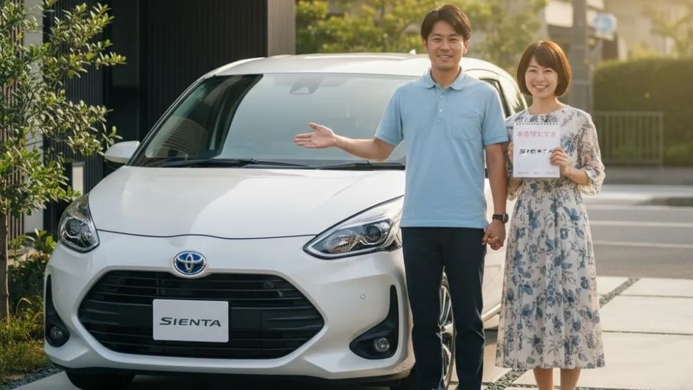 自宅のガレージで真新しい白いトヨタ・シエンタの隣に立ち、笑顔で車を指し示す日本人夫婦。妻は「5.9ヶ月待ち」と書かれたボードを持っている。