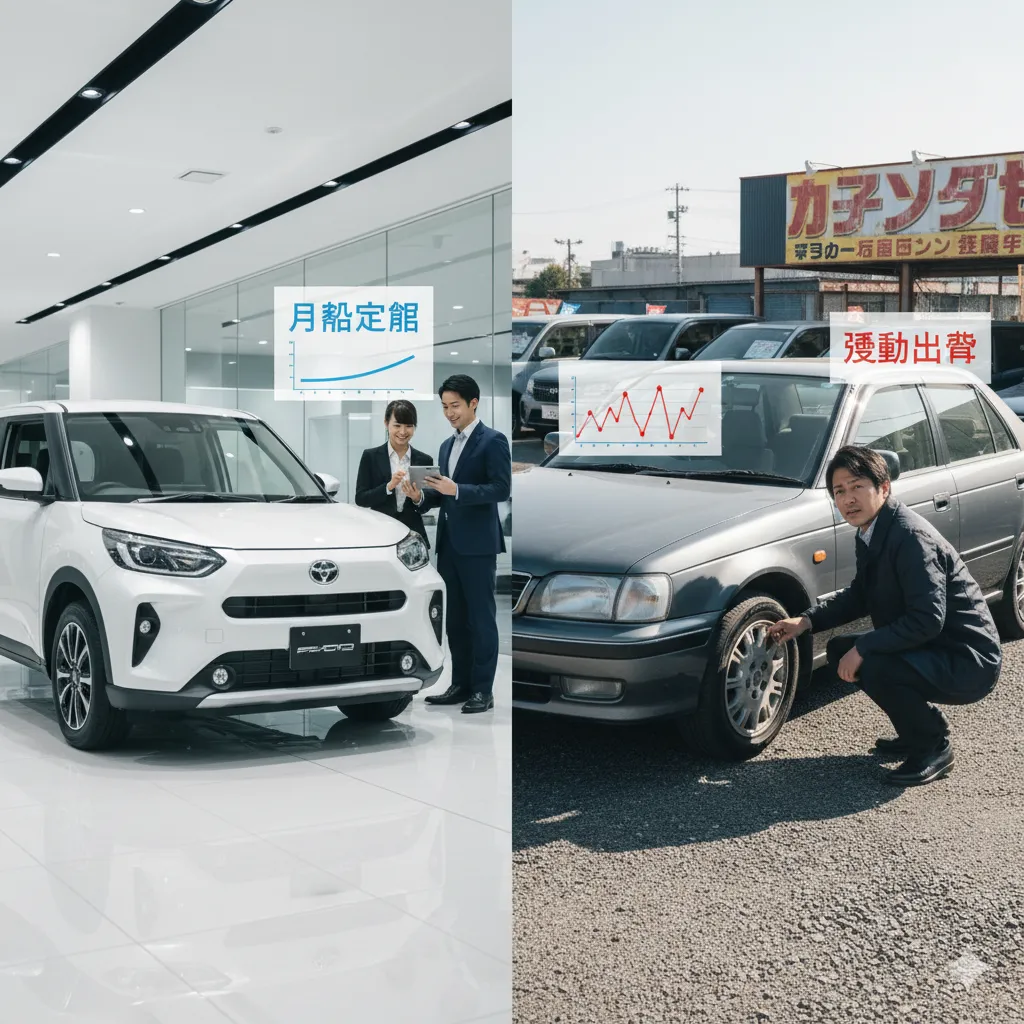 カーリースと中古車購入の比較イメージ。左側に新車のカーリース店舗で説明を受ける日本人夫婦、右側には中古車販売店で車をチェックする日本人男性。