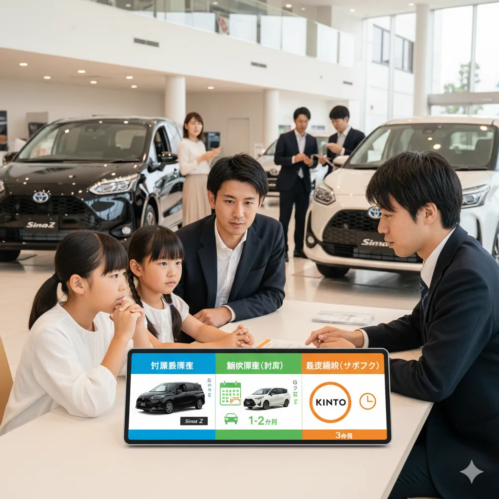 ディーラーで営業担当者と納期について話し合う家族。納期短縮の選択肢をまとめたタブレット画面が手前にある