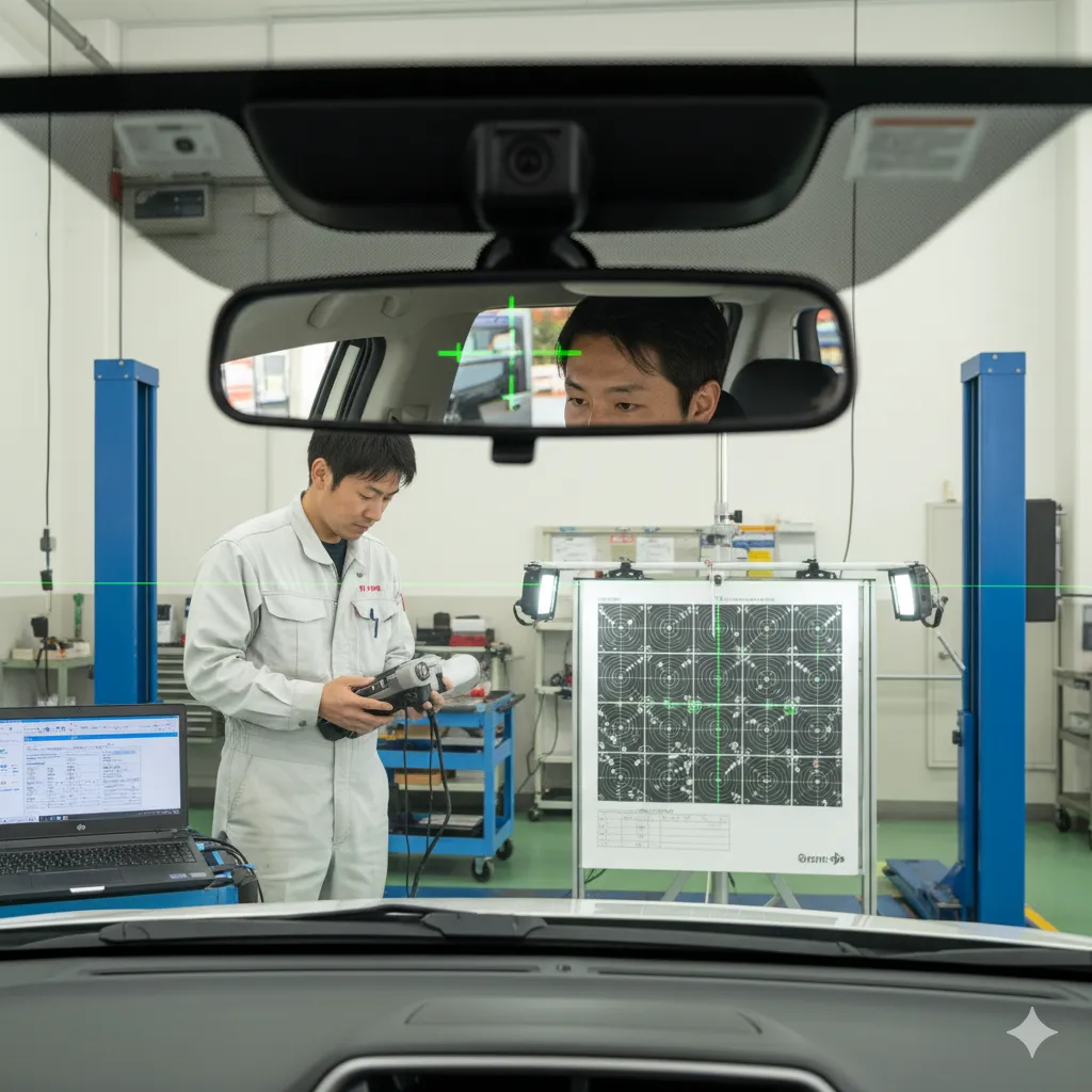 シエンタ170系の車内から見たエーミング作業。ルームミラー越しに整備士がターゲットボードを調整している様子。