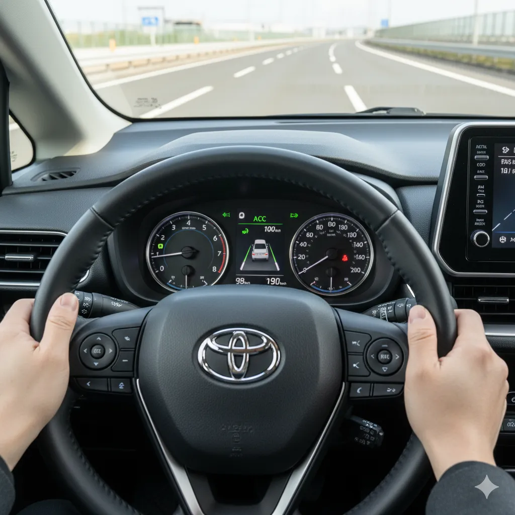 新型シエンタのメーターパネルに、アダプティブクルーズコントロール（ACC）とレーントレーシングアシスト（LTA）の作動アイコンが表示されている状態