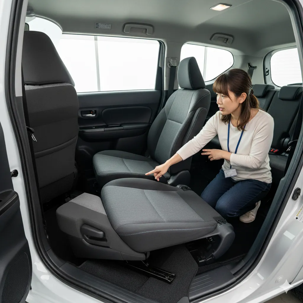 シエンタの3列目収納でよくある失敗例。2列目を跳ね上げずに3列目を畳もうとし、シート同士が干渉して入らない状態。