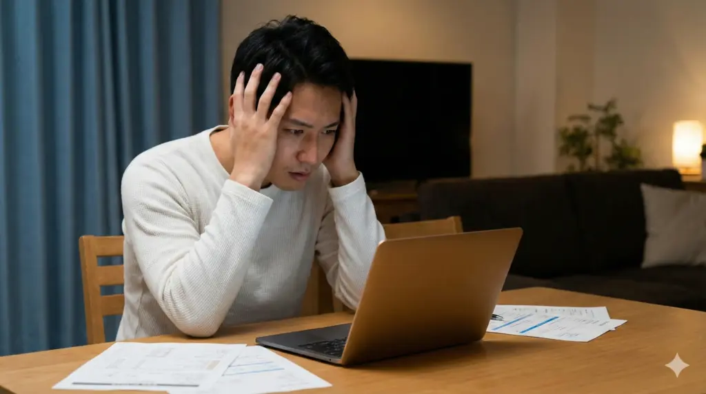 カーリースの審査結果をパソコンで確認し、頭を抱えて悩んでいる日本人男性の様子
