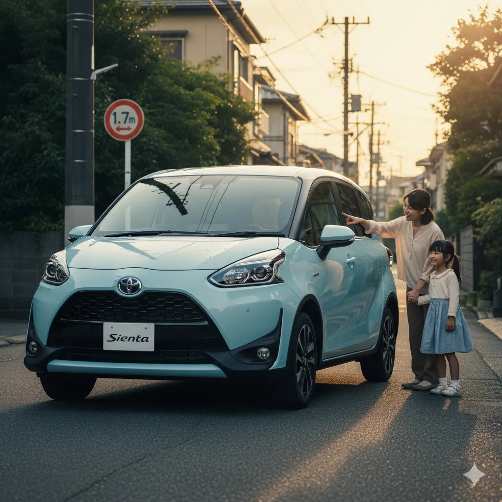 住宅街の狭い道に停められた水色の新型トヨタ シエンタと、その隣に立つ日本人母娘。道幅制限「1.7m」の標識が見える。
