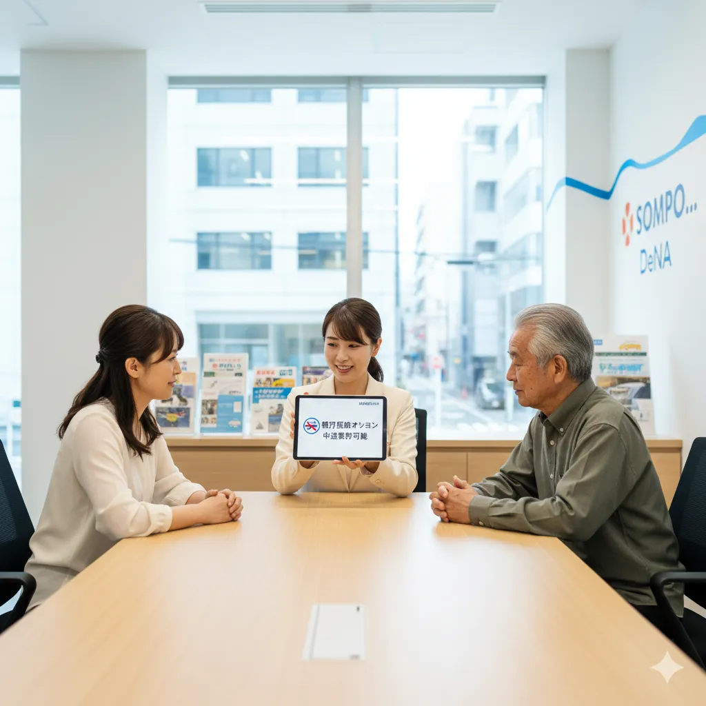 SOMPOで乗ーるのオフィスで、女性スタッフが高齢の男性とその娘に、タブレットで「免許返納オプション、中途解約可能」のメリットを説明している。