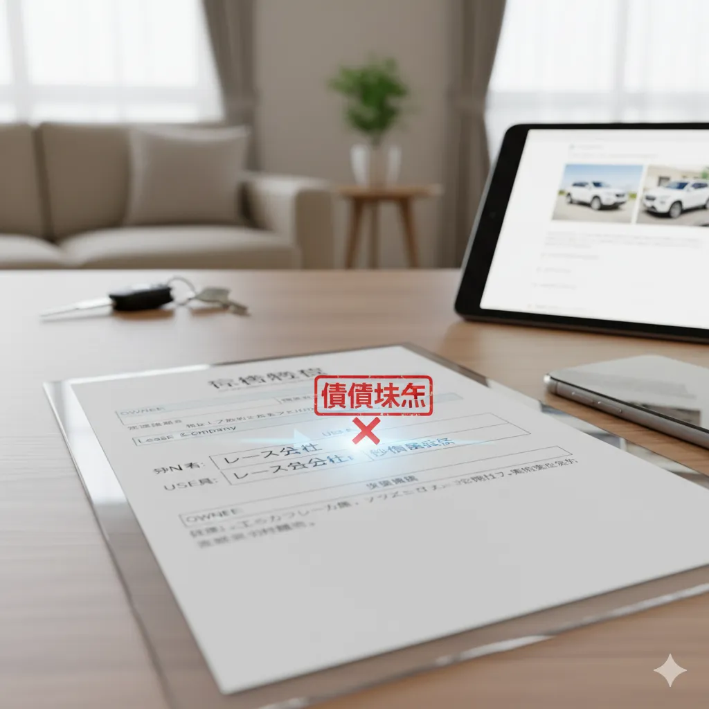 「債権抹消」と書かれた赤いスタンプが押されたカーリースの契約書と車の鍵、スマートフォンがテーブルに置かれている様子。