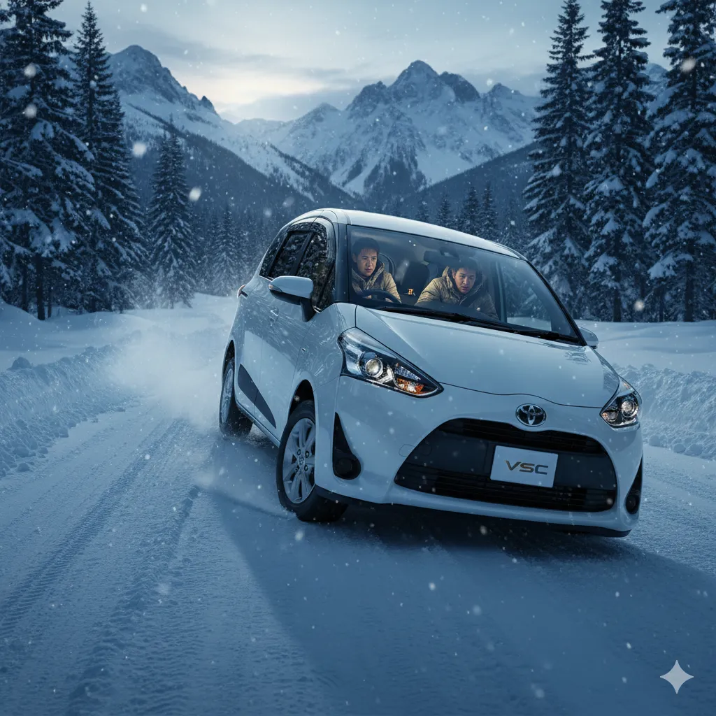 雪にはまってスタックし、困った表情で車外の雪を見つめる日本人ドライバーと助手席の同乗者。