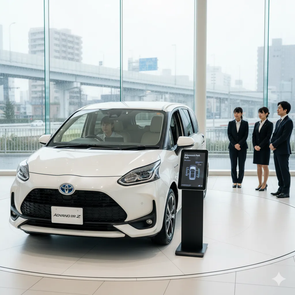 ショールームに展示されたシエンタの最上位グレード「ハイブリッドZ」。アドバンストパークが選択可能なモデルです。