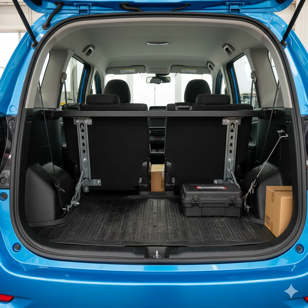 4ナンバー構造変更の要件である保護仕切り棒(バー)が設置されたシエンタ・ファンベースの広大な荷室。